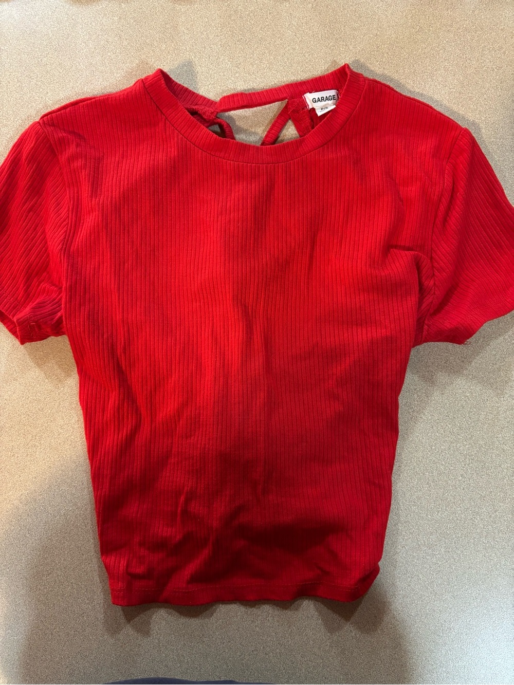 Garage Red Ribbed Short Sleeve Crewneck Top with Back Strap